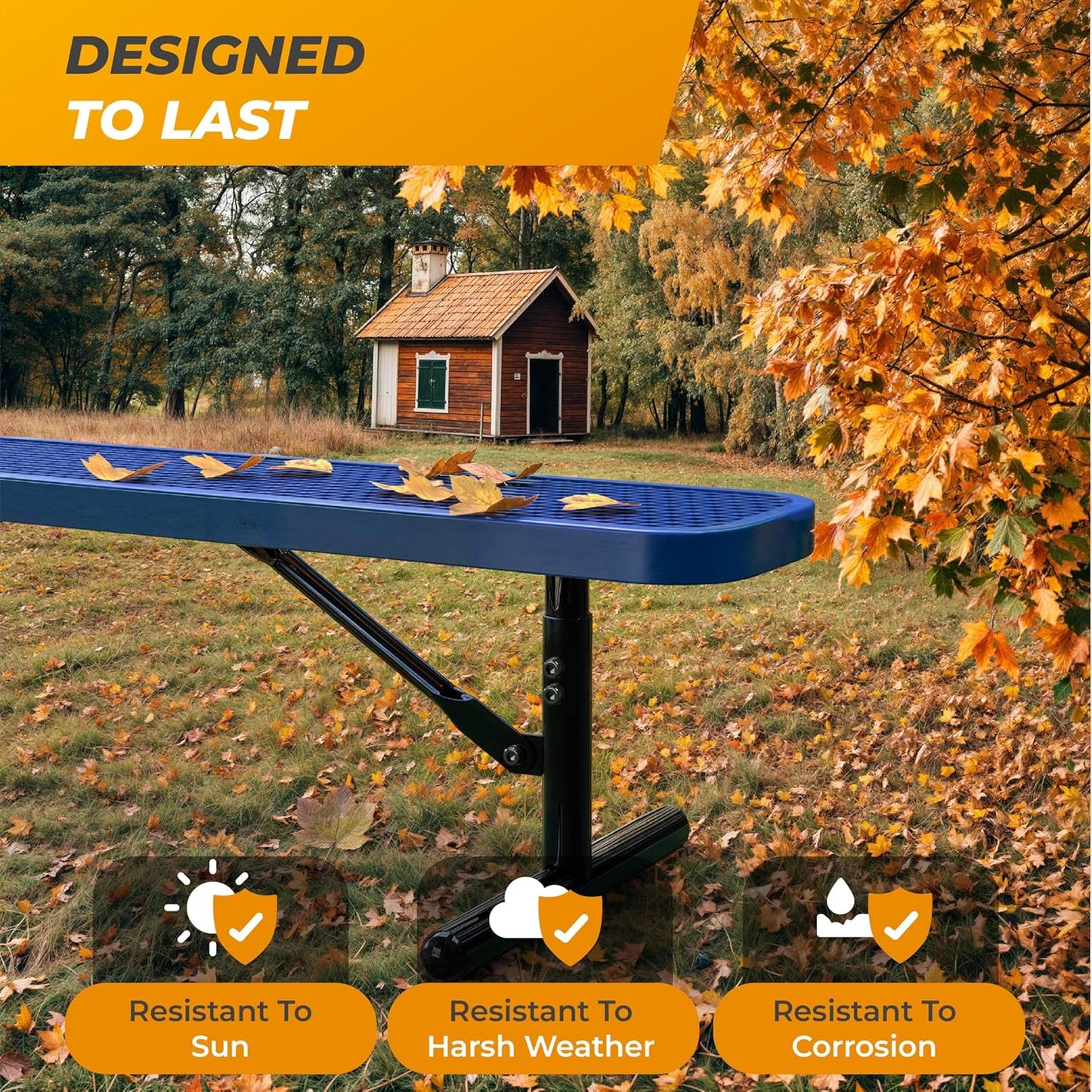 Heavy-Duty Outdoor Metal Bench, Thermoplastic-Coated, Surface, Weatherproof, Commercial-Grade for Parks, Gardens, Patios, Stores & More (6 Ft - Surface, Blue)